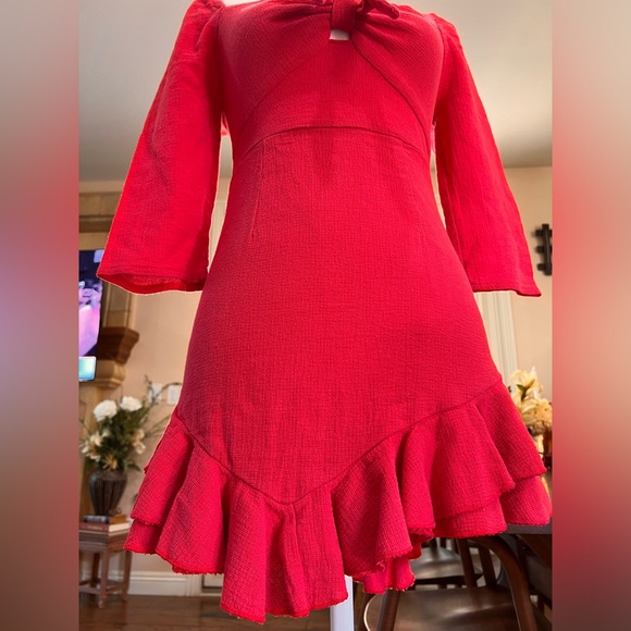 Ruffles Asymmetric Sweetheart Bow Smocked Gauzy Romantic Short Mini Dress sz 10 - Picture 2 of 7